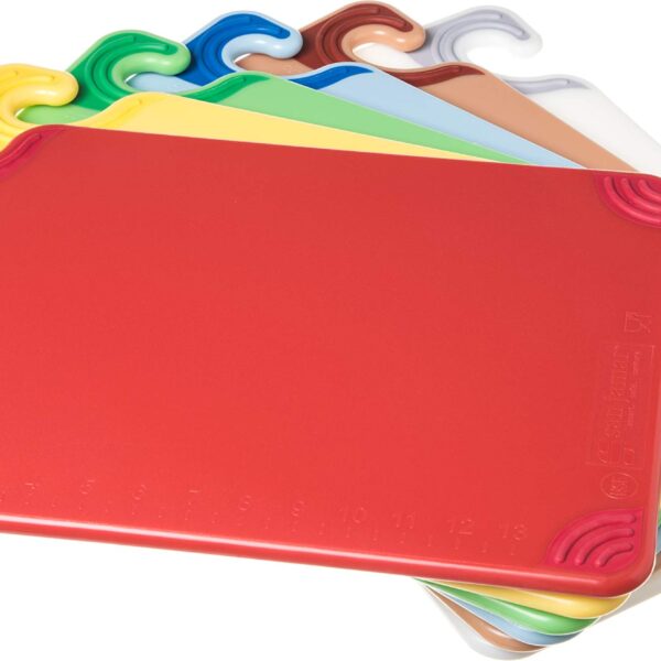San Jamar Saf-T-Grip Tabla de cortar de plástico con gancho de seguridad, 12 x 18 x 0.5 pulgadas, colores surtidos (jueg