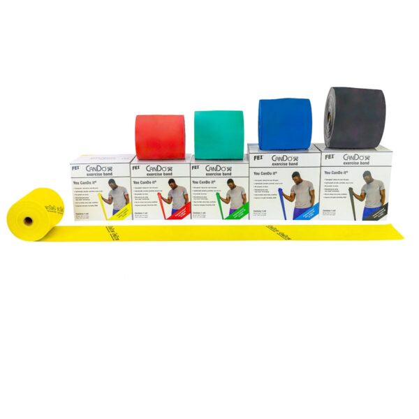 CanDo 1215803 Rollo de banda de ejercicio de bajo polvo, bronceado, amarillo, rojo, verde, azul, negro, plata, oro, 50 y
