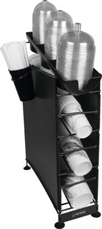 Dispensador de Tazas y Tapas San Jamar Wireworks C8504WFD 3 ranuras taza 1 organizador tapa plastico negro 8.25x20.5x27.