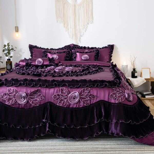 Juego de edredón volantes florales satinados victoriano Tache BM6438-K 6 piezas floración de medianoche King morado
