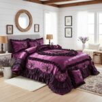 Juego de edredón volantes florales satinados victoriano Tache BM6438-K 6 piezas floración de medianoche King morado
