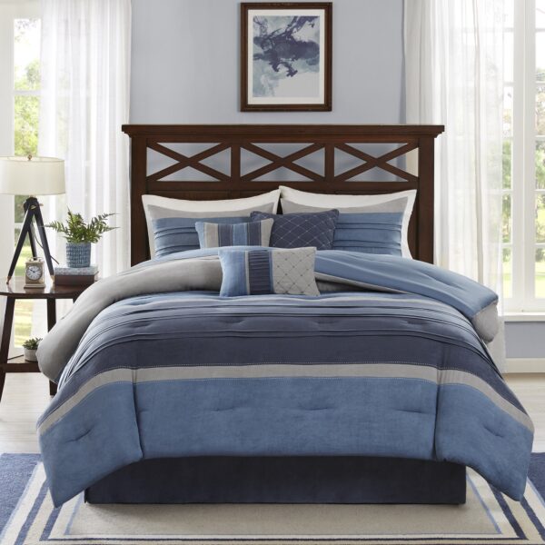 Juego de edredón moderno Collins Madison Park MP10-1637 gamuza azul gris talla King 104 x 92 pulgadas con falda de cama
