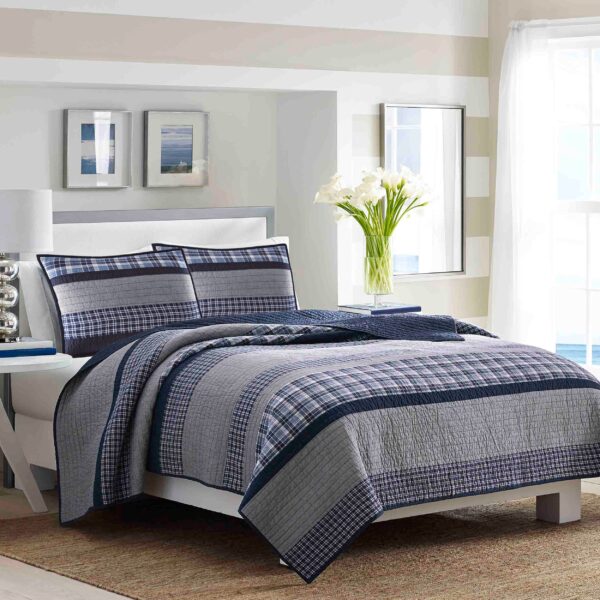 Cubrecama edredón ligero reversible 100 por ciento algodón Nautica Revman International 210470 tamaño King azul gris col