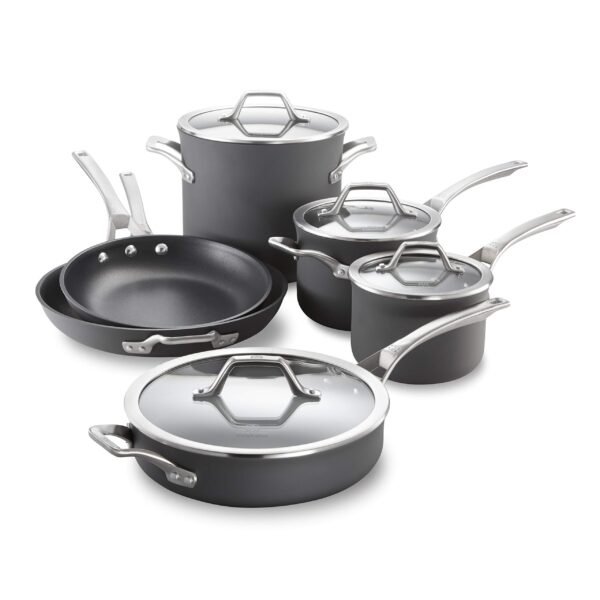 Batería de cocina Calphalon 1948248 juego de ollas y sartenes antiadherentes 10 piezas asas de acero inoxidable apto par