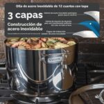 Olla Alta para Caldo y Sopa Viking 40011-0432 Acero Inoxidable Triple Capa con Tapa Inducción Plateada 11.3 Litros 12 Cu