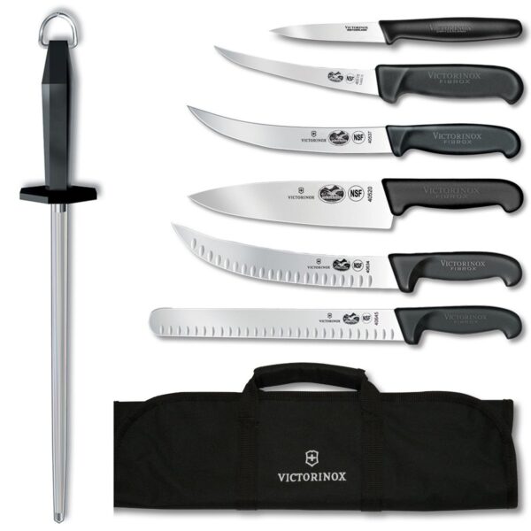 Juego de 7 piezas de cuchillos para barbacoa Victorinox, con mangos profesionales de Fibrox color negro, incluye funda d