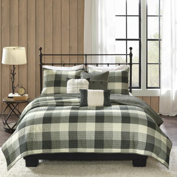 Colcha Reversible Madison Park Cabin MP13-4681 diseño cuadros todas las estaciones transpirable matrimonial queen con fu