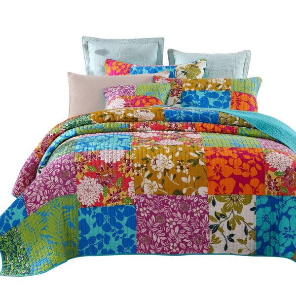 Juego de colcha de retazos florales Tache Home Fashion VEFloralpatchwork-Queen Queen verde azul rosa amarillo