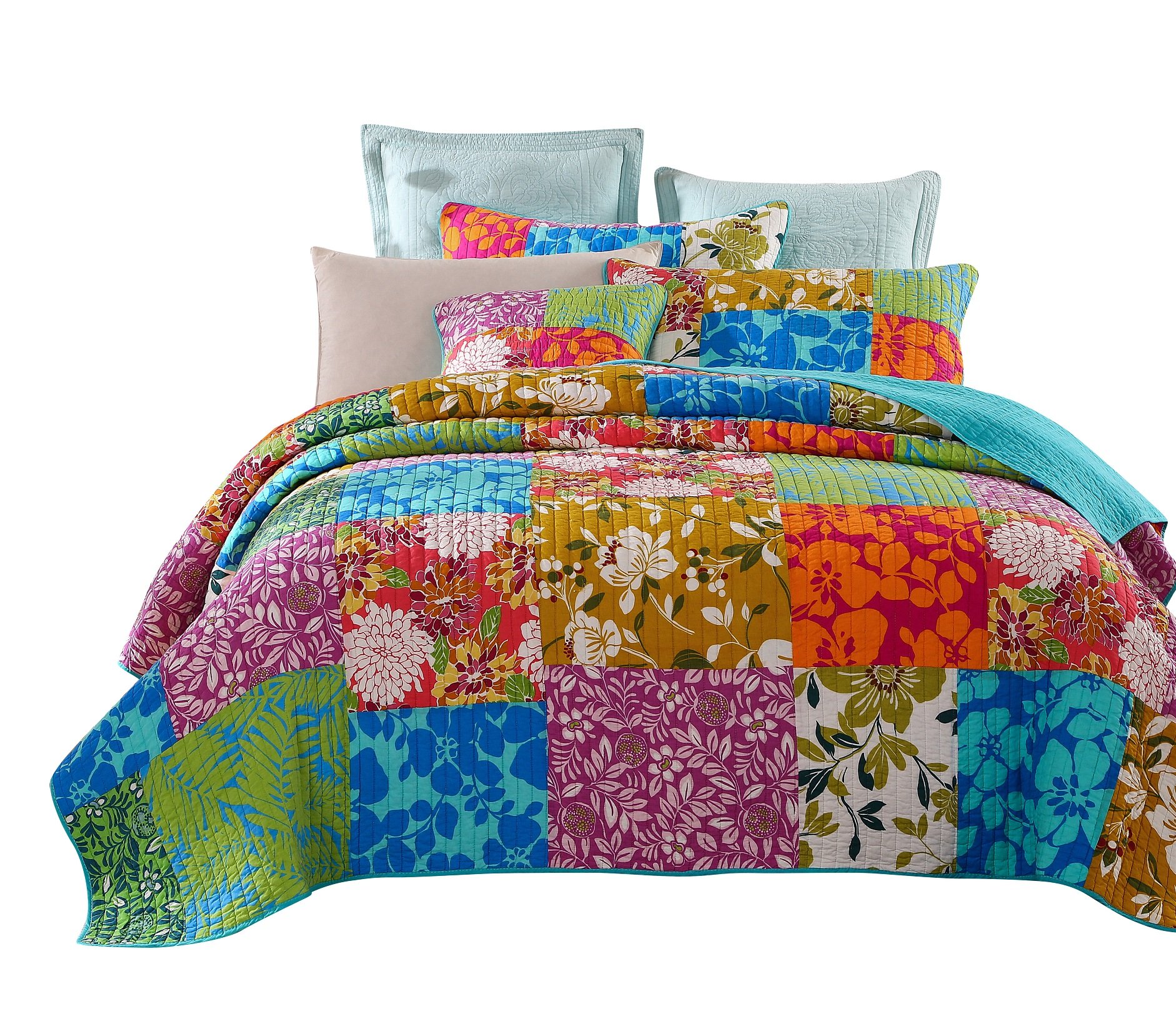 Version 1.0.0 Juego de colcha de retazos florales Tache Home Fashion VEFloralpatchwork-Queen Queen verde azul rosa amarillo