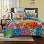 Juego de colcha de retazos florales Tache Home Fashion VEFloralpatchwork-Queen Queen verde azul rosa amarillo