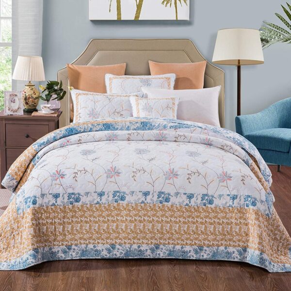 Juego de edredón algodón bordado costero reversible Tache Home Fashion VEJHW-668-T Twin blanco dorado azul cielo