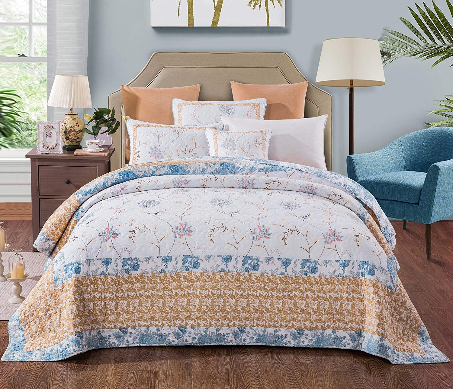 Version 1.0.0 Juego de edredón algodón bordado costero reversible Tache Home Fashion VEJHW-668-T Twin blanco dorado azul cielo