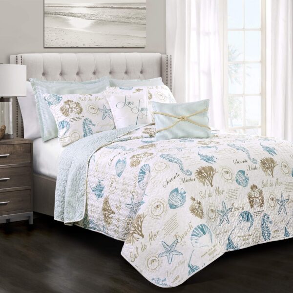 Juego de edredón reversible Lush Decor Triangle Home Fashions 16T002242 Harbor Life 7 piezas matrimonial Queen azul y gr