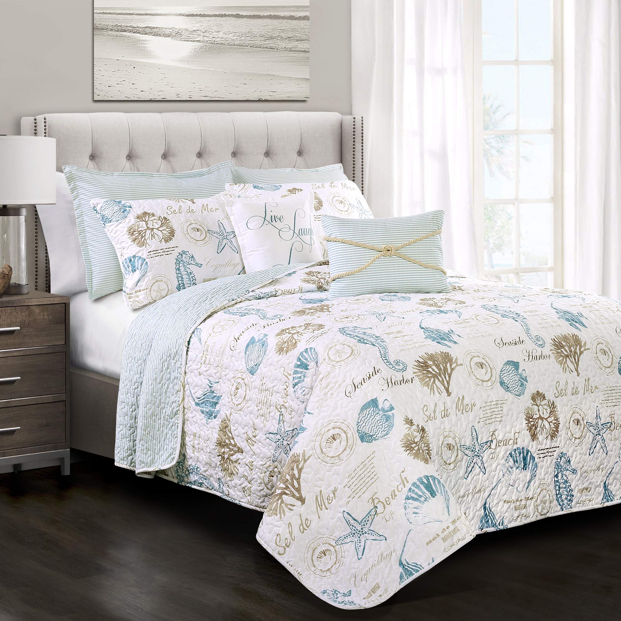 Version 1.0.0 Juego de edredón reversible Lush Decor Triangle Home Fashions 16T002242 Harbor Life 7 piezas matrimonial Queen azul y gr