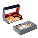 Caja de sushi desechable Restaurantware Sakura Vision RWA0356 papel negro rectangular 8x4.8x1.8 pulgadas tapa integrada