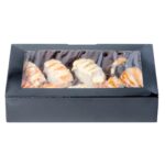 Caja de sushi desechable Restaurantware Sakura Vision RWA0356 papel negro rectangular 8x4.8x1.8 pulgadas tapa integrada