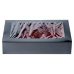 Caja de sushi desechable Restaurantware Sakura Vision RWA0356 papel negro rectangular 8x4.8x1.8 pulgadas tapa integrada