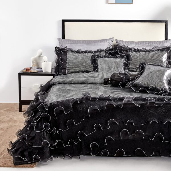 Juego edredón lentejuelas Tache Home Fashion VE1622-K negro plateado con volantes tamaño King 6 piezas