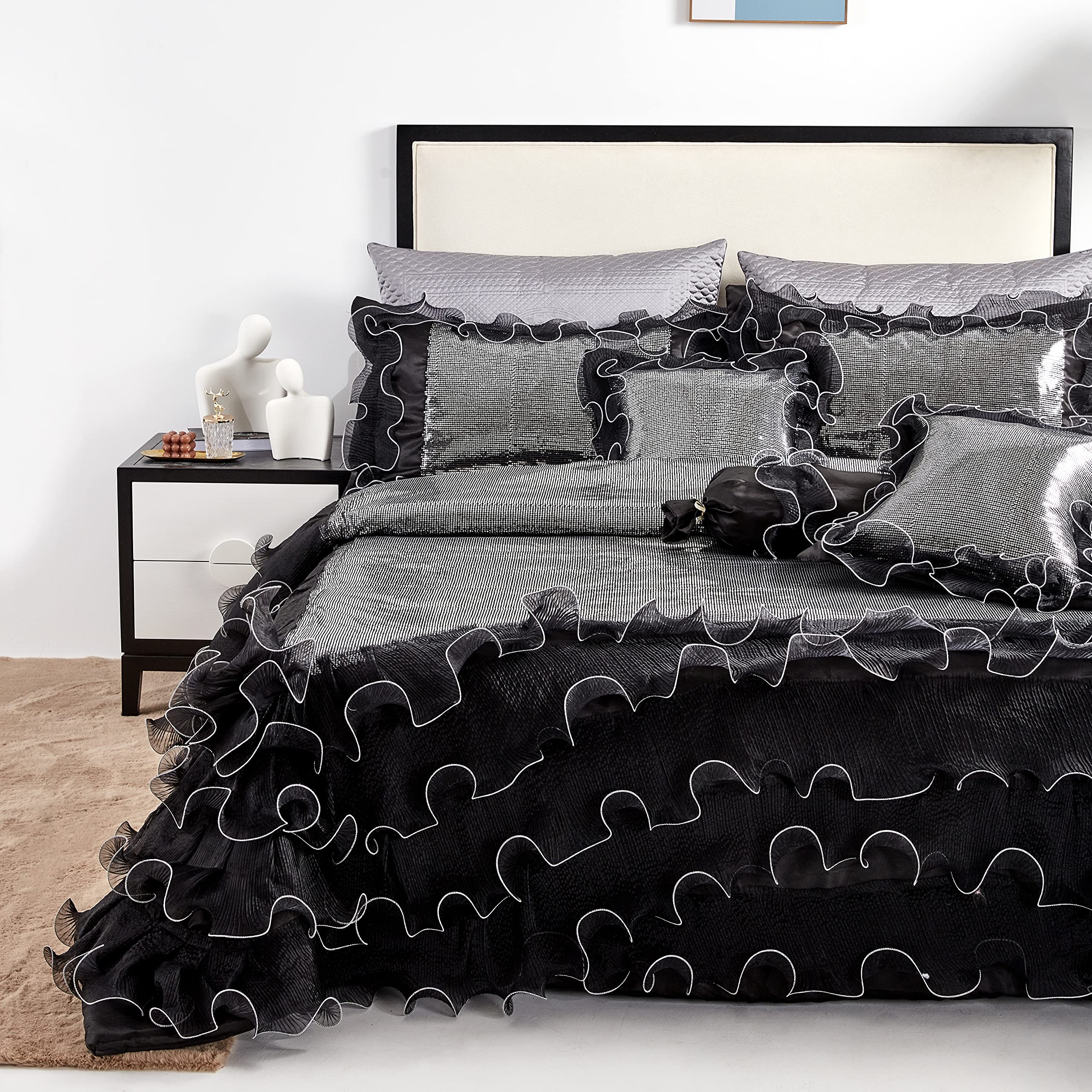 Version 1.0.0 Juego edredón lentejuelas Tache Home Fashion VE1622-K negro plateado con volantes tamaño King 6 piezas