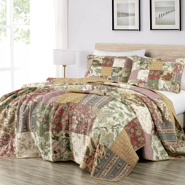Juego de edredón Chezmio Collection Delaney-Quilt-Queen 100% algodón prelavado diseño floral patchwork 3 piezas tamaño Q