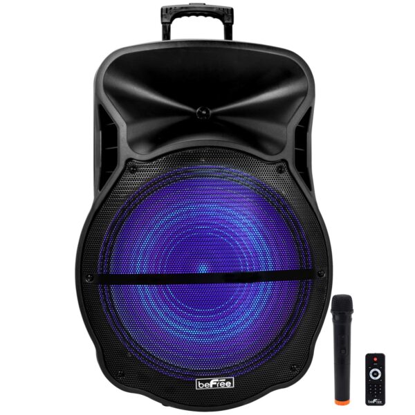 beFree Sound Altavoz portátil recargable Bluetooth de 18 pulgadas para fiestas con luces LED reactivas de sonido, USB/SD