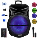 beFree Sound Altavoz portátil recargable Bluetooth de 18 pulgadas para fiestas con luces LED reactivas de sonido, USB/SD
