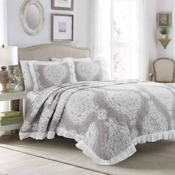 Juego de colcha de algodón Lush Decor Lucianna Triangle Home Fashions 16T003763 3 piezas borde de volantes tamaño King c