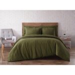 Juego de edredón Queen lino 3 piezas certificado Oeko-TEX Brooklyn Loom Pem America 783048088727 verde oliva