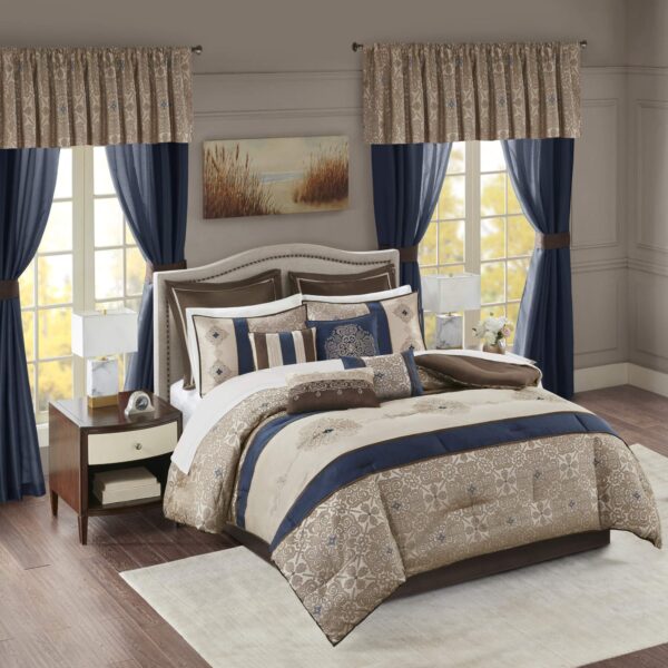 Juego de ropa de cama jacquard satinado Madison Park Essentials MPE10-814 24 piezas California King 104x92 pulgadas meda