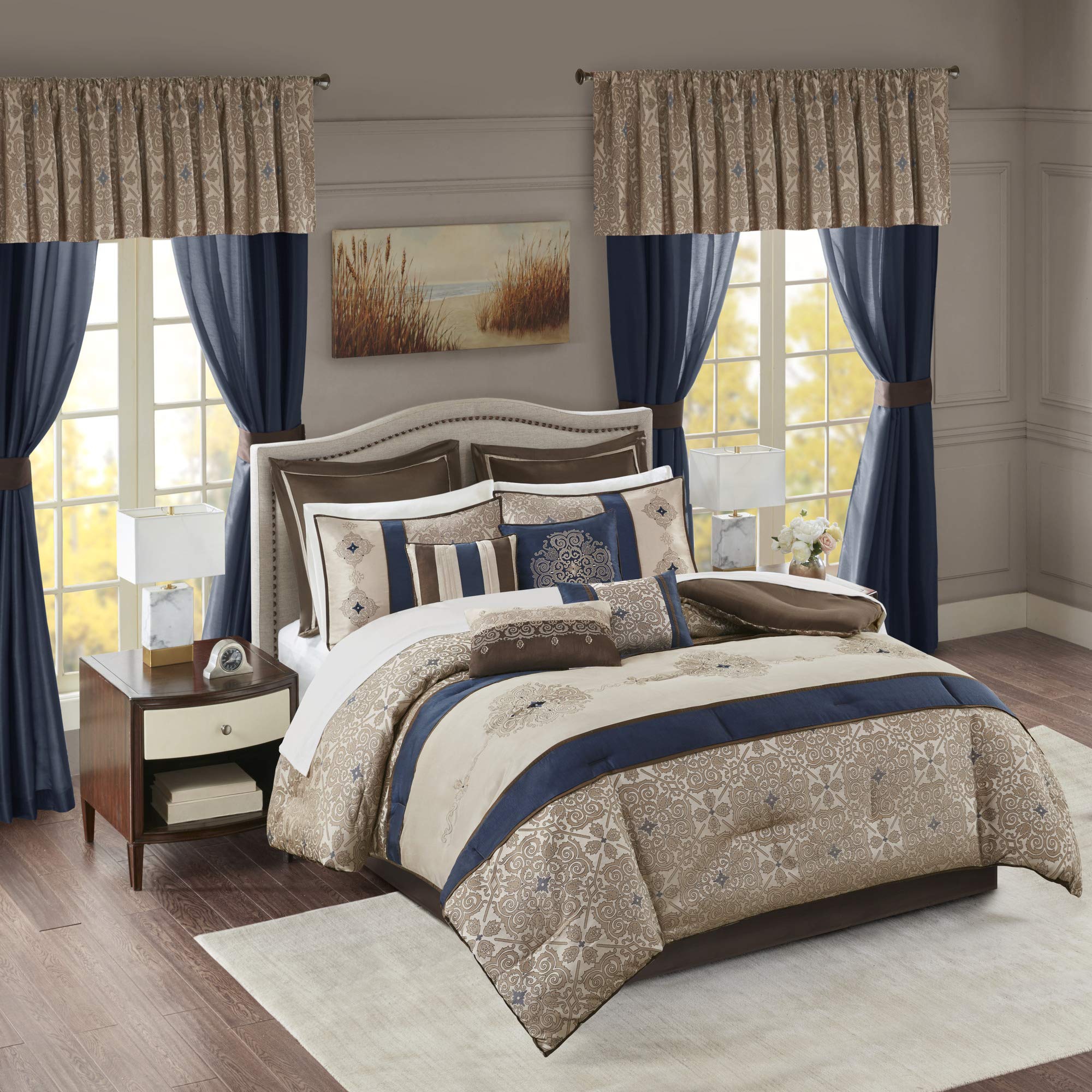 Version 1.0.0 Juego de ropa de cama jacquard satinado Madison Park Essentials MPE10-814 24 piezas California King 104x92 pulgadas meda