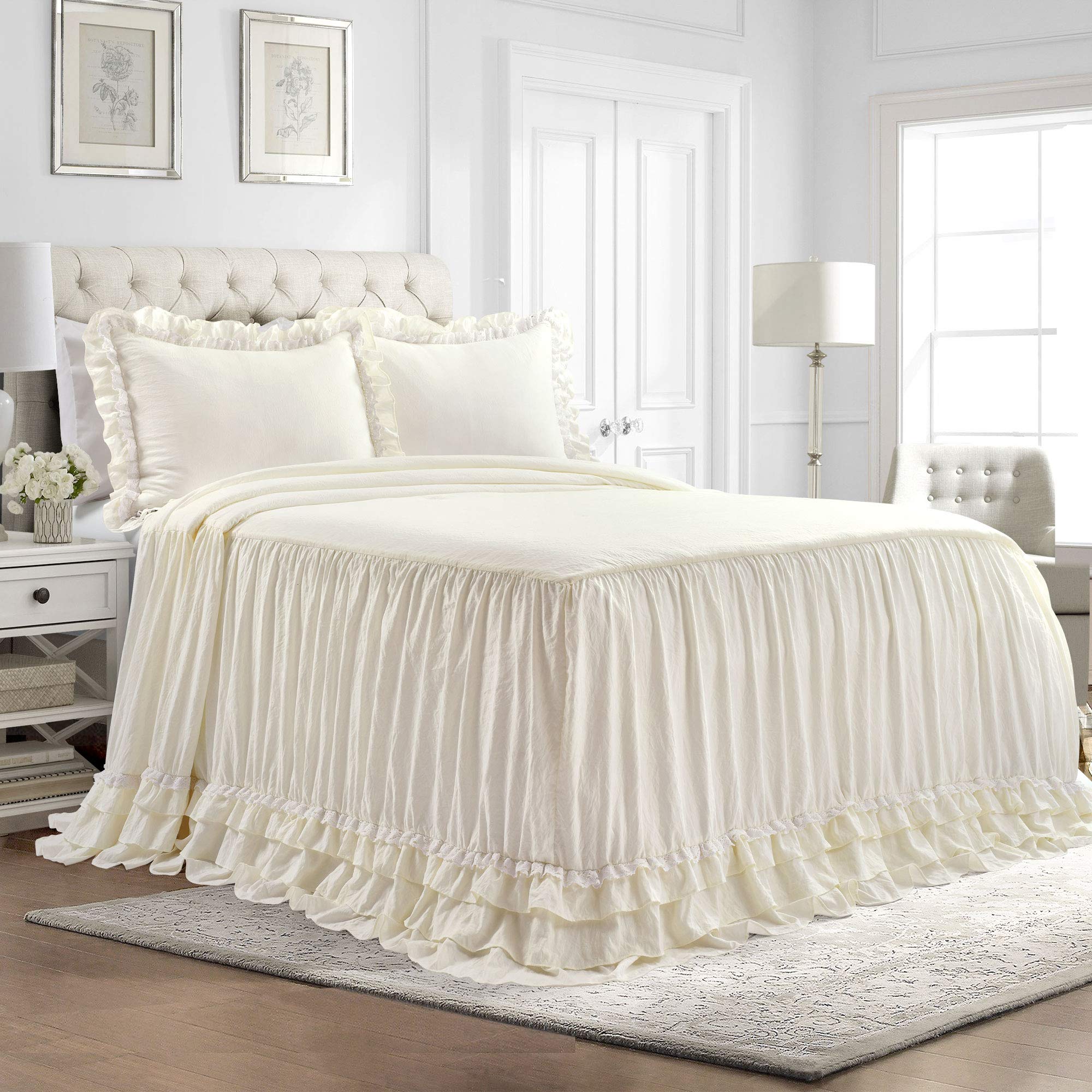 Version 1.0.0 Colcha con volantes de encaje Lush Decor Ella Ruffle Triangle Home Fashions 16T004754 King marfil 3 piezas ropa de cama