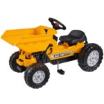 Big: Jim Dumper Ride-On - Vehículo de juguete de granja y construcción, camión con cama abatible, volante, bocina, asien