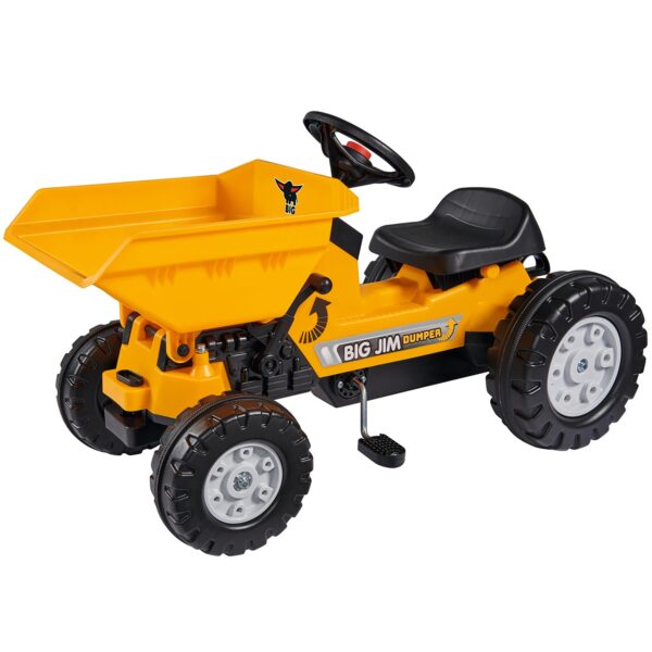 Big: Jim Dumper Ride-On - Vehículo de juguete de granja y construcción, camión con cama abatible, volante, bocina, asien