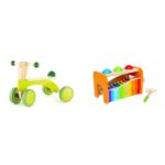 Hape Scoot Around Ride On Bicicleta de madera, verde brillante y banco de libras y grifo con xilófono deslizante, juguet