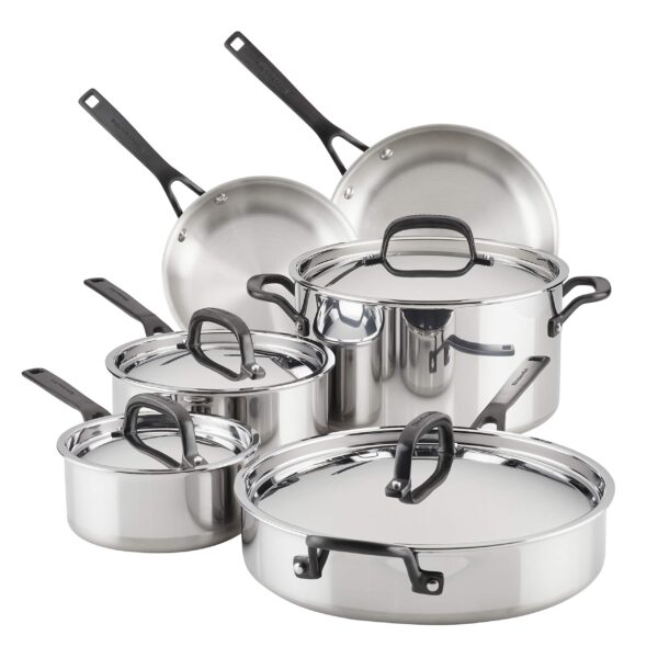 Batería de Cocina KitchenAid Meyer Corporation 30001 Juego de Ollas y Sartenes de Acero Inoxidable Pulido 5 Capas 10 Pie