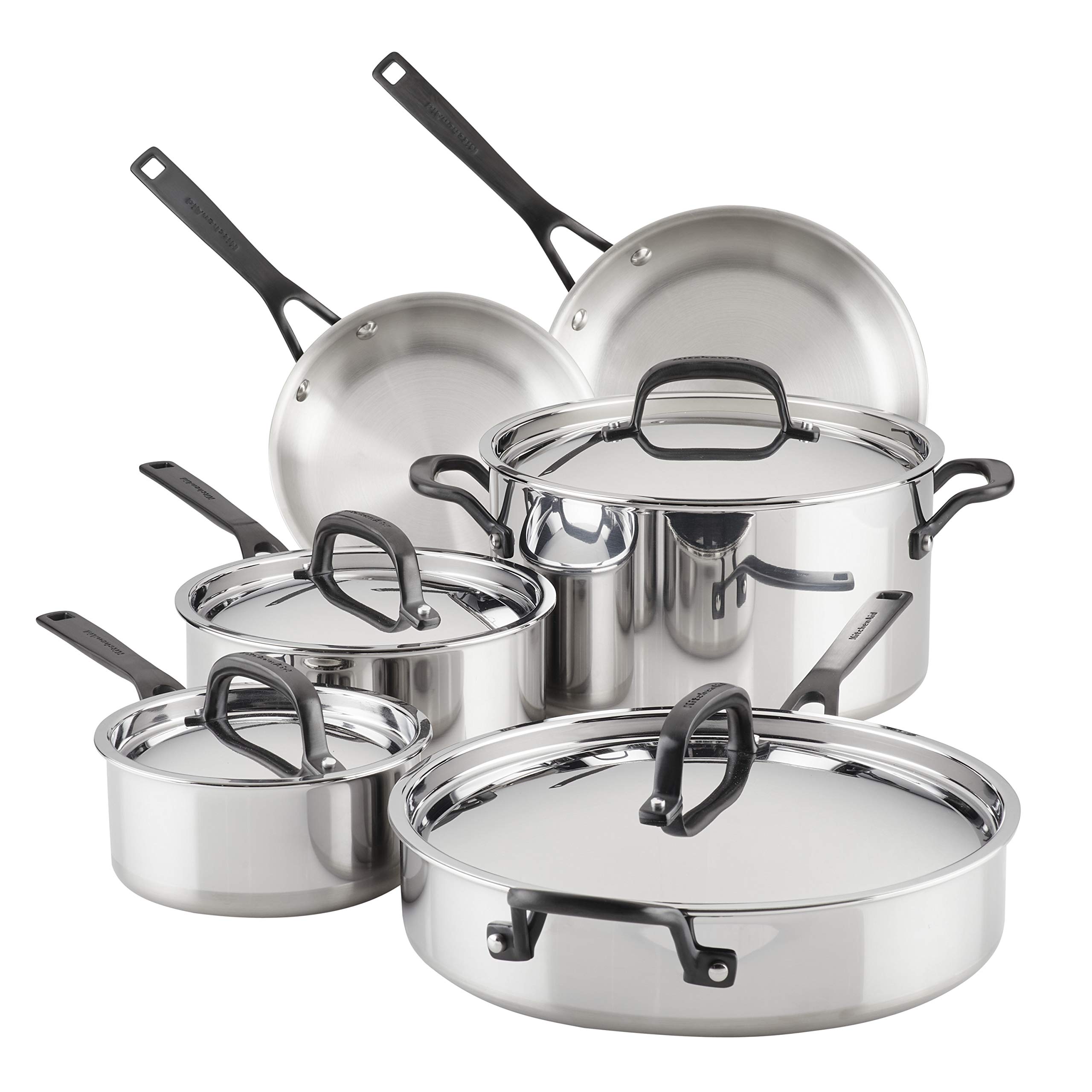 Version 1.0.0 Batería de Cocina KitchenAid Meyer Corporation 30001 Juego de Ollas y Sartenes de Acero Inoxidable Pulido 5 Capas 10 Pie