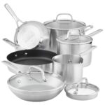 Batería de cocina KitchenAid Meyer 71014 juego de ollas y sartenes de acero inoxidable cepillado para inducción base de