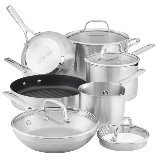 Batería de cocina KitchenAid Meyer 71014 juego de ollas y sartenes de acero inoxidable cepillado para inducción base de