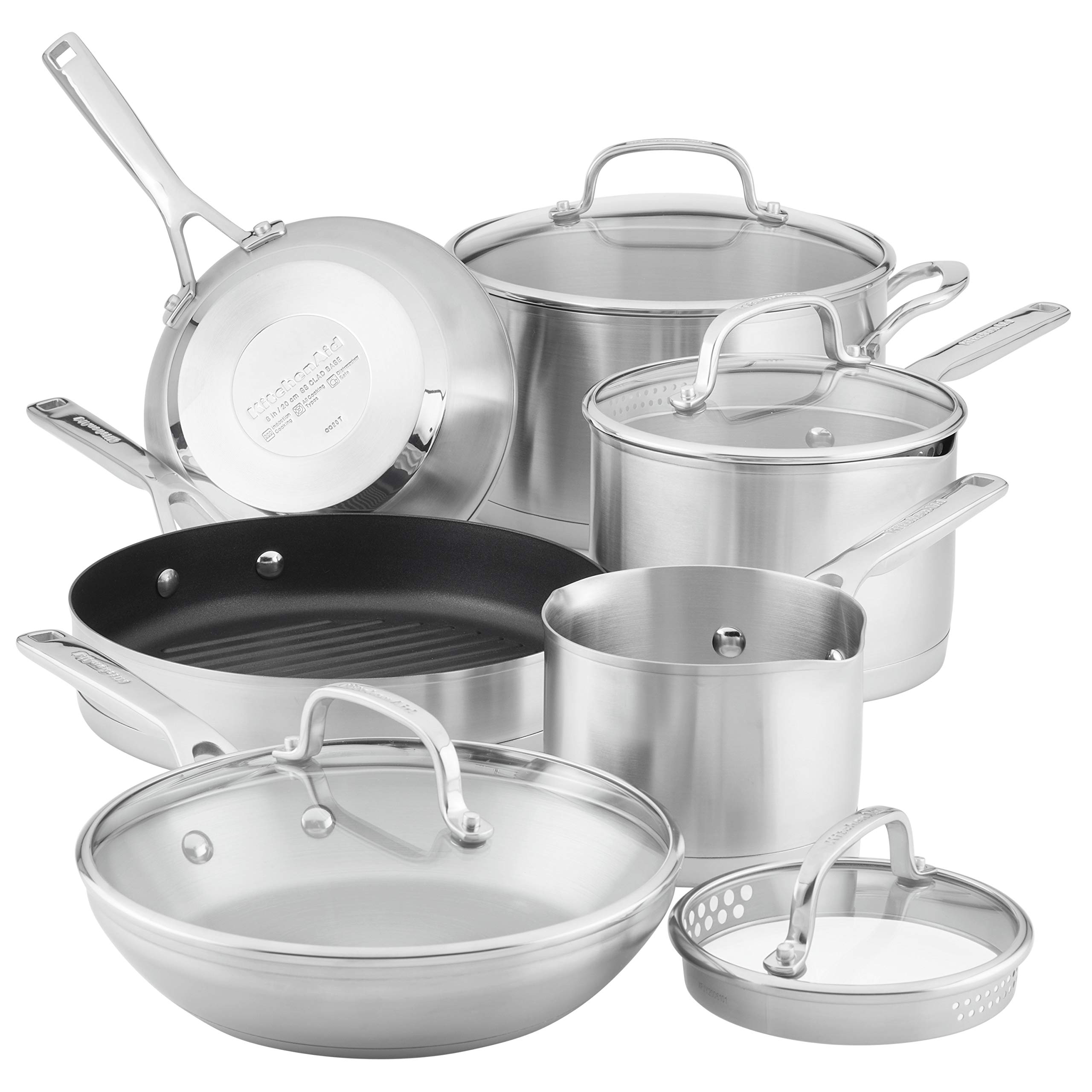 Version 1.0.0 Batería de cocina KitchenAid Meyer 71014 juego de ollas y sartenes de acero inoxidable cepillado para inducción base de
