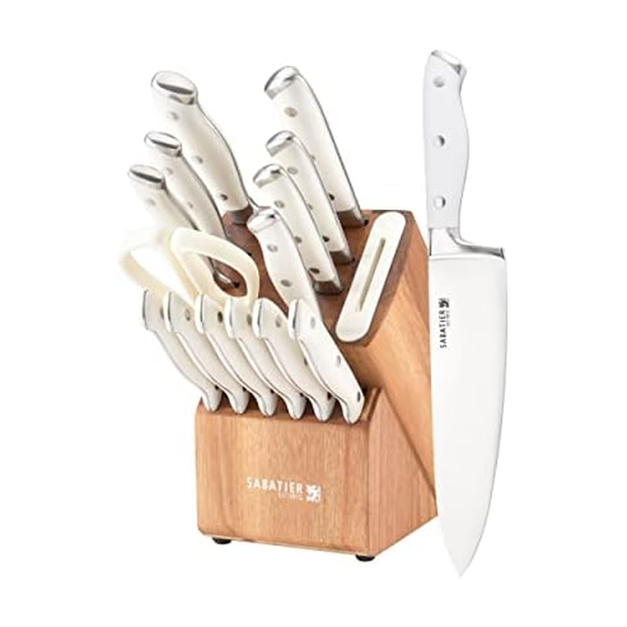 Version 1.0.0 Sabatier Acacia Forged Triple Rivet Edgekeeper Juego de bloques de cuchillos, 15 piezas, blanco