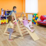 HONEY JOY Escalador triangular con rampa, juego de triángulos de escalada 2 en 1 para interiores con escalera y tobogán,