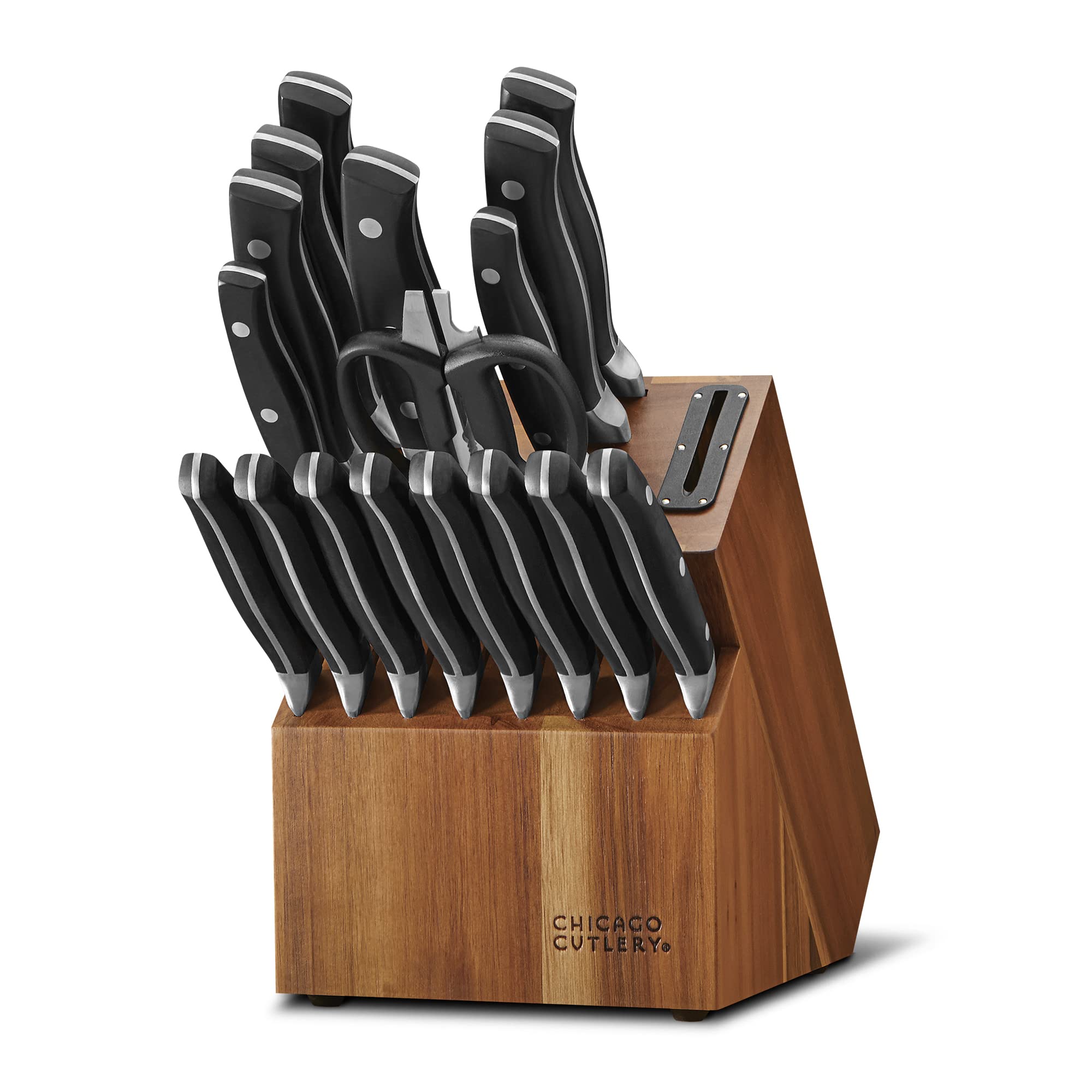 Version 1.0.0 Chicago Cutlery Insignia Triple Rivet Poly (18 piezas) Juego de bloques de cuchillos de cocina con bloque de madera y af