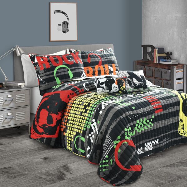 Juego de Edredón Rock N Roll Lush Decor Triangle Home Fashions 16T006088 reversible 5 piezas tamaño matrimonial queen co