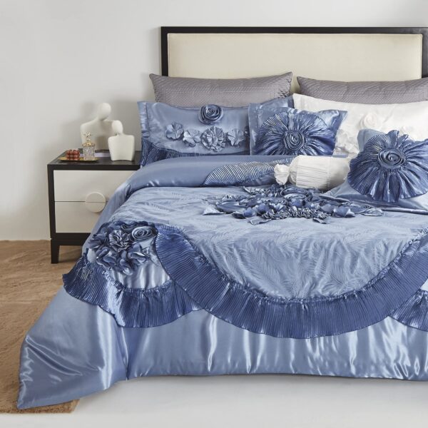 Juego de edredón con volantes Royal Glam Tache Home Fashion MZ002Blue 6 piezas Queen satén azul