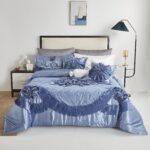 Juego de edredón con volantes Royal Glam Tache Home Fashion MZ002Blue 6 piezas Queen satén azul