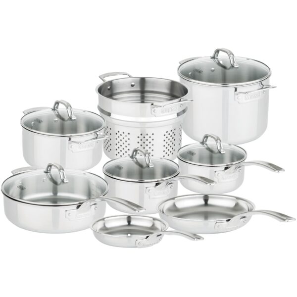 Batería de cocina juego de ollas y sartenes Viking 40011-9993NC acero inoxidable 3 capas 13 piezas tapas de vidrio colad