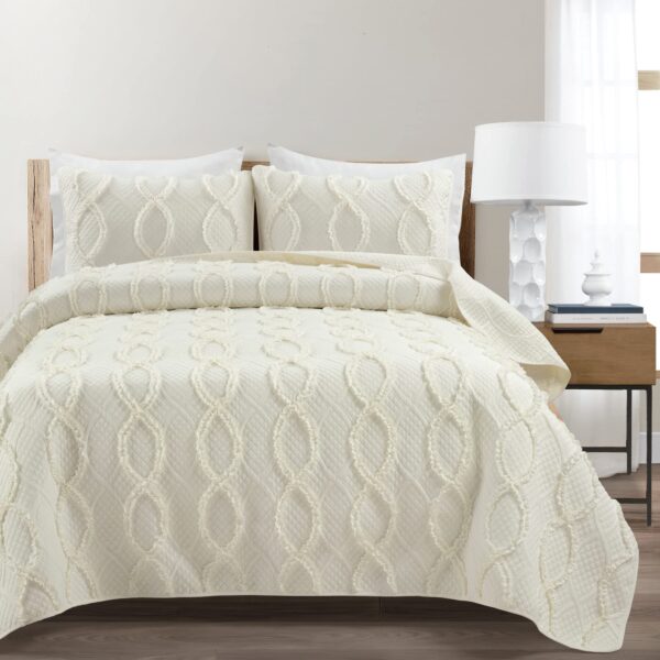 Juego de edredon con volantes Lush Decor Avon Triangle Home Fashions 16T007864 3 piezas King marfil texturizado