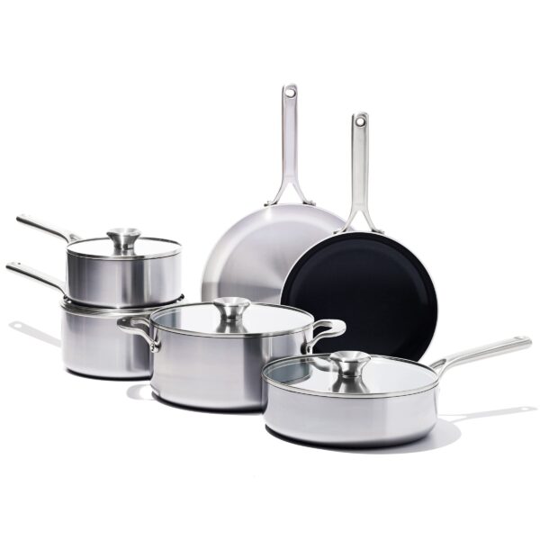 Batería de cocina juego de ollas y sartenes OXO Mira CC005892-001 acero inoxidable triple capa 10 piezas inducción antia