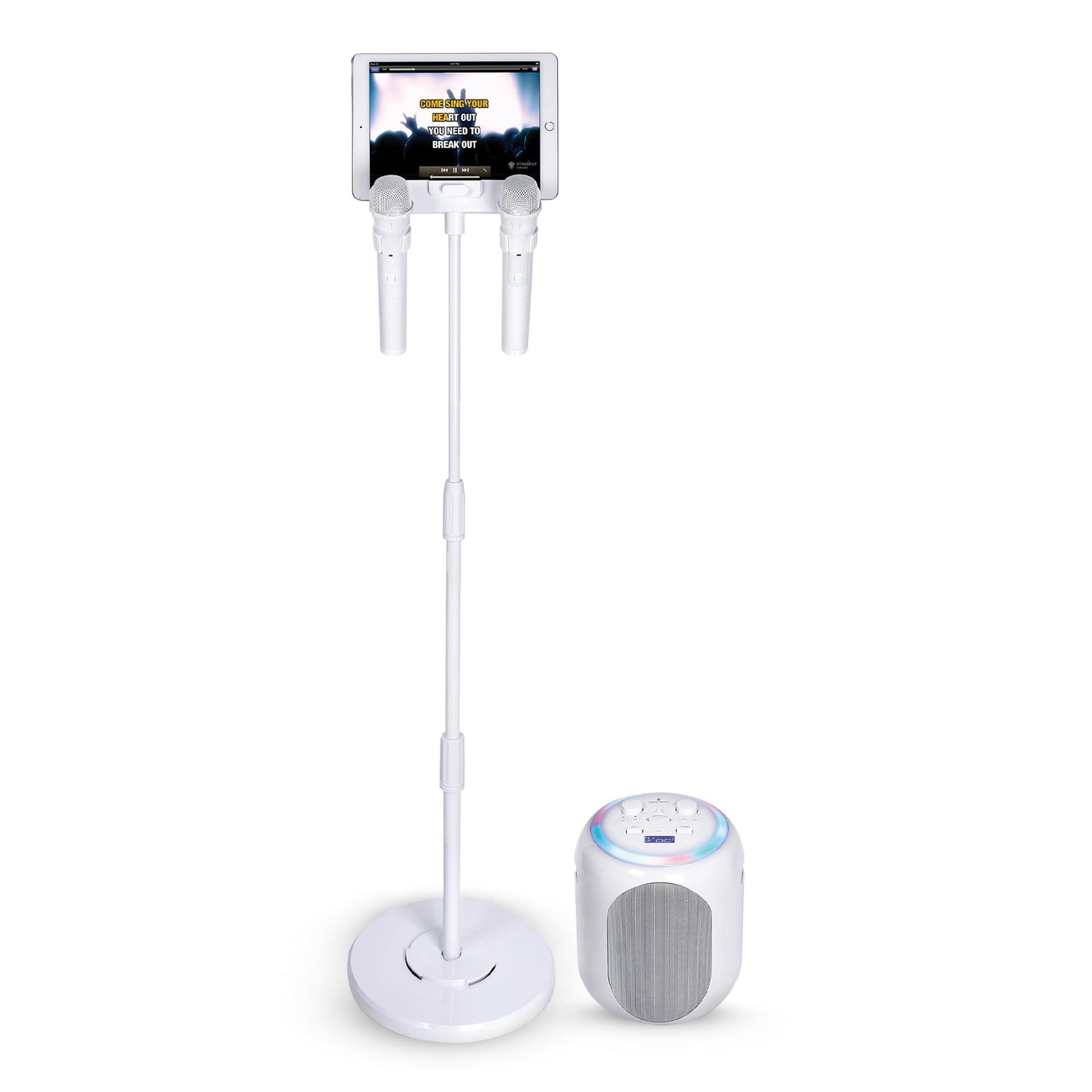 Singing Machine Máquina de karaoke portátil para adultos y niños con 2 micrófonos inalámbricos, escenario en casa (blanc