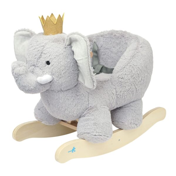 Manhattan Toy Juguete mecedor de madera de elefante de peluche con corona, cinturón de seguridad ajustable y empuñaduras